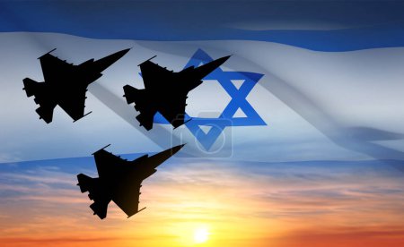 Téléchargez les illustrations : Military aircraft on background of sunset and flag of Israel. Air Force concept. EPS10 vector - en licence libre de droit