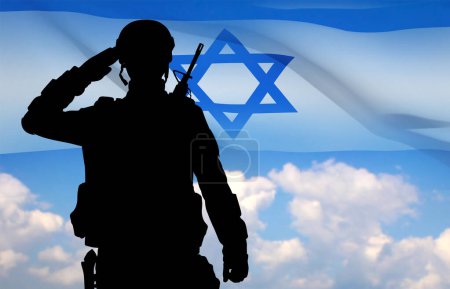 Illustration for Silhouette of a saluting soldier with Israel flag against the sunrise.Amed forces of Israel. EPS10 vector - Royalty Free Image