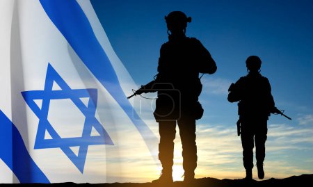 Silhouettes of soldiers with Israel flag against the sunrise. Concept - Armed forces of Israel. EPS10 vector