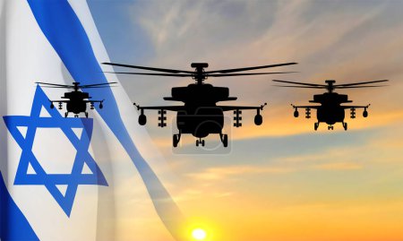 Téléchargez les illustrations : Hélicoptères militaires contre le coucher du soleil et le drapeau d'Israël. Vecteur EPS10 - en licence libre de droit
