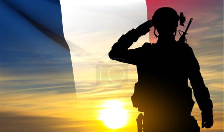 Ilustración de Silueta de soldado francés sobre fondo de atardecer y bandera francesa. Concepto - Fuerzas Armadas. EPS10 vector - Imagen libre de derechos