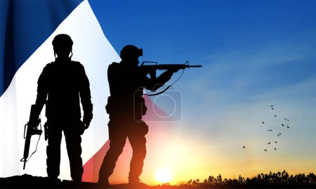 Ilustración de Silueta del soldado francés arrodillado contra el atardecer y la bandera francesa. Concepto - Fuerzas Armadas. EPS10 vector - Imagen libre de derechos