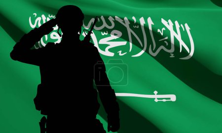 Ilustración de Silueta de un soldado saludo en el fondo de la bandera de Arabia Saudita. Concepto - Fuerza Armada de Arabia Saudita. EPS10 vector - Imagen libre de derechos