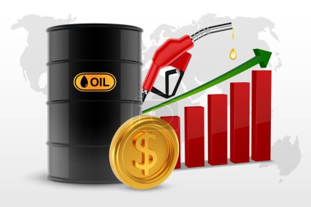 Illustration for Oil barrel with golden coins with dollar sign, fuel pump and graph of rising oil prices. EPS10 vector - Royalty Free Image