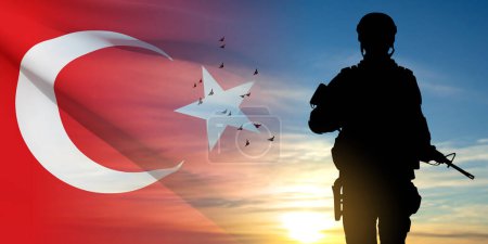 Illustration for Silhouette of soldier with Turkey flag on background of sky. Background for Turkish Armed Forces Day, Victory Day. EPS10 vector - Royalty Free Image
