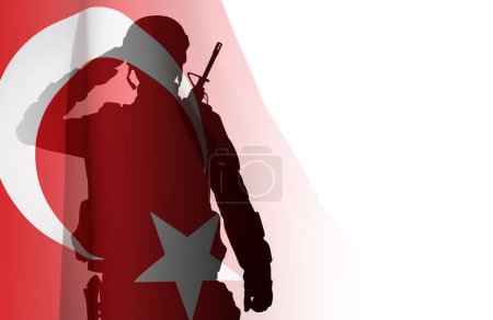 Téléchargez les illustrations : SIlhouette d'un soldat saluant avec drapeau turc sur fond blanc. Vecteur EPS10 - en licence libre de droit
