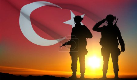 Illustration for Silhouettes of soldiers with Turkey flag on background of sunset. Background for Turkish Armed Forces Day, Victory Day. EPS10 vector - Royalty Free Image