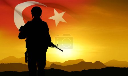 Illustration for Silhouette of soldier with Turkey flag on background of sunset. Background for Turkish Armed Forces Day, Victory Day. EPS10 vector - Royalty Free Image