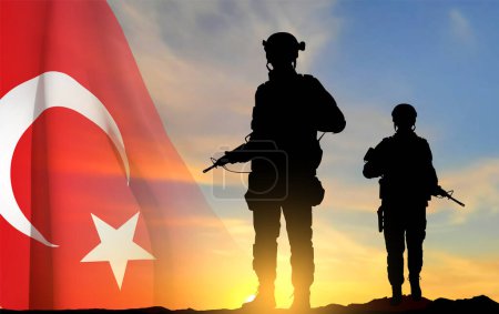 Téléchargez les illustrations : Silhouettes de soldats avec drapeau turc sur fond de coucher de soleil. Contexte pour le Jour des Forces armées turques, Jour de la Victoire. Vecteur EPS10 - en licence libre de droit