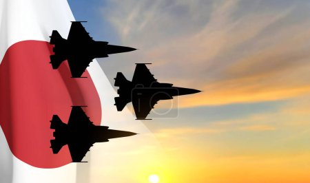 Téléchargez les illustrations : Silhouette d'avions militaires contre le coucher du soleil avec drapeau japonais. Vecteur EPS10 - en licence libre de droit