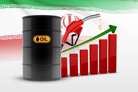 Ilustración de Barril de petróleo con pupm combustible y carta con la bandera de Irán. Concepto de industria petrolera. EPS10 vector - Imagen libre de derechos
