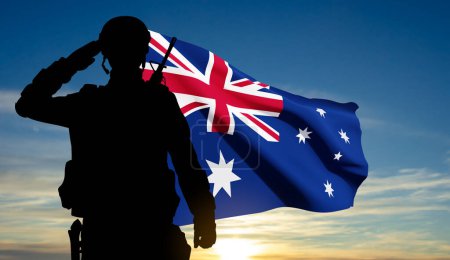 Téléchargez les illustrations : Silhouette of Soldier with Australian flag on background of sunset. Concept - Armed Force. EPS10 vector - en licence libre de droit
