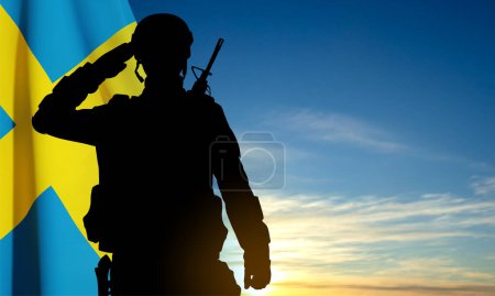 Illustration for Silhouette of a saluting soldier against the sunset with Sweden flag. EPS10 vector - Royalty Free Image