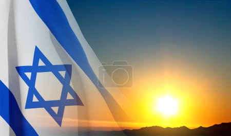 Téléchargez les illustrations : Drapeau d'Israël avec une étoile de David contre le coucher du soleil. Concept patriotique. Vecteur EPS10 - en licence libre de droit