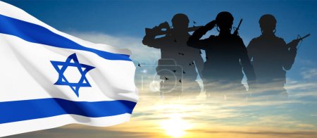 Silhouette of soldiers with Israel flag against the sunrise. Concept - Armed Forces of Israel. EPS10 vector tote bag #651692802