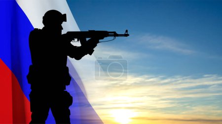 Illustration for Silhouette of a soldier on background of sunset sky with the Russian flag. EPS10 vector - Royalty Free Image
