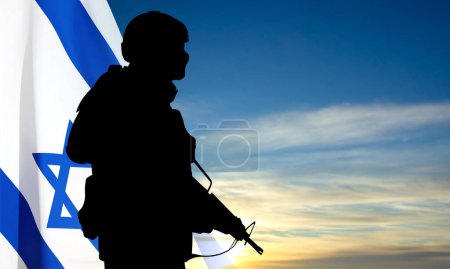 Silhouette of soldiers with Israel flag against the sunrise. Concept - armed forces of Israel. EPS10 vector
