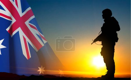 Téléchargez les illustrations : Silhouette of Soldier with Australian flag on background of sunset. Concept - Armed Force. EPS10 vector - en licence libre de droit