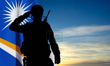 Illustration for Silhouette of a saluting soldier with flag of Marshall Islands on background of sky. EPS10 vector - Royalty Free Image