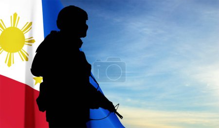 Illustration for Silhouette of a soldier with Philippines flag on background of sky. Concept - Independence day. EPS10 vector - Royalty Free Image