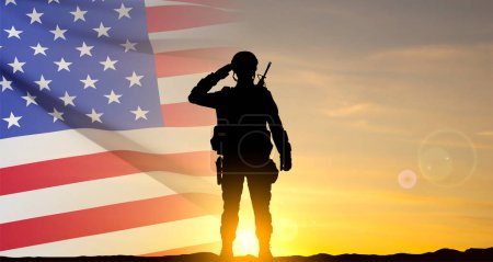 Soldat de l'armée américaine saluant sur un fond de coucher de soleil. Jour des anciens combattants, Jour commémoratif, Fête de l'indépendance. Vecteur EPS10