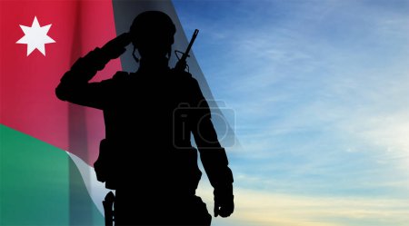 Illustration for Silhouette of a saluting soldier with Jordan flag on background of sky. Concept - Independence Day. EPS10 vector - Royalty Free Image
