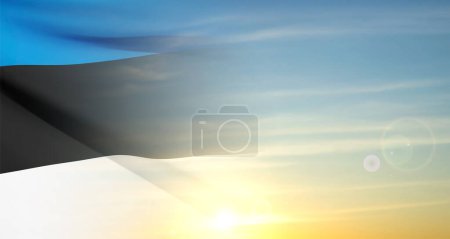 Téléchargez les illustrations : Drapeau de l'Estonie contre le coucher du soleil. Vecteur EPS10 - en licence libre de droit