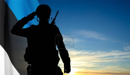 Illustration for Silhouette of a saluting soldier on background of sky with Estonia flag. EPS10 vector - Royalty Free Image