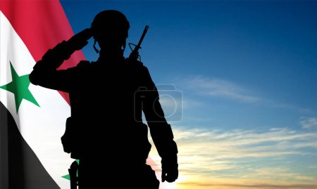 Téléchargez les illustrations : Silhouette d'un soldat saluant sur fond de ciel avec drapeau syrien. Vecteur EPS10 - en licence libre de droit