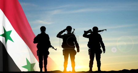 Téléchargez les illustrations : Silhouettes de soldats contre le coucher du soleil avec drapeau syrien. Vecteur EPS10 - en licence libre de droit