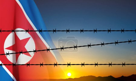 Alambre de púas con bandera de Corea del Norte contra la puesta del sol. Vecino EPS10