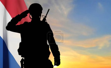 Illustration for Silhouette of a salutng soldier against the sunset with Neterlands flag. EPS10 vector - Royalty Free Image
