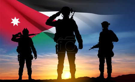 Ilustración de Siluetas de soldados con bandera de Jordania en el fondo del cielo al atardecer. Concepto - Día de la Independencia, Fuerza Armada. EPS10 vector - Imagen libre de derechos