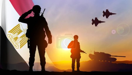 Military silhouettes against the sunset with Egypt flag. EPS10 vector