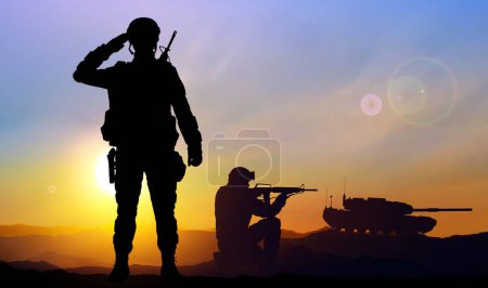 Illustration for Silhouettes of a soliders with main battle tank against the sunset. EPS10 vector - Royalty Free Image