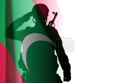 Téléchargez les illustrations : Silhouette d'un soldat saluant avec le drapeau des Maldives sur fond blanc. Contexte des fêtes nationales. Vecteur EPS10 - en licence libre de droit
