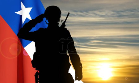 Illustration for Silhouette of a soldier with Chile flag against the sunset. EPS10 vector - Royalty Free Image