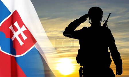 Illustration for Silhouette of a soldier with Slovakia flag against the sunset. EPS10 vector - Royalty Free Image