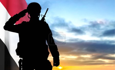 Illustration for Silhouette of a soldier with Yemen flag against the sunset. EPS10 vector - Royalty Free Image