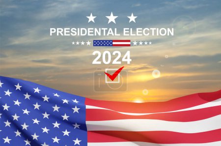 Presidental election 2024 banner with USA flag against the sunset. EPS10 vector