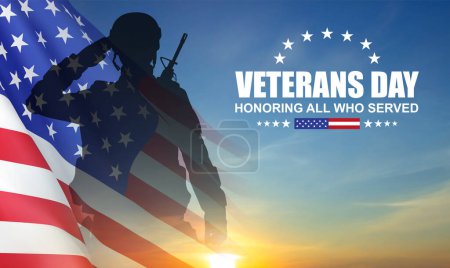Silueta de soldado con bandera de USA contra la puesta del sol. Tarjeta de felicitación para el Día de los Veteranos, Día de los Caídos, Día de la Independencia. EPS10 vector