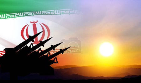 Raketen mit iranischer Flagge gegen den Sonnenuntergang. Atomraketenstart des Iran. EPS10-Vektor