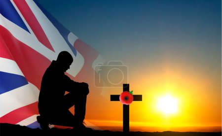 Téléchargez les illustrations : Silhouette de soldat agenouillé devant la tombe avec drapeau du Royaume-Uni contre le coucher du soleil. Concept du jour du Souvenir. Vecteur EPS10 - en licence libre de droit