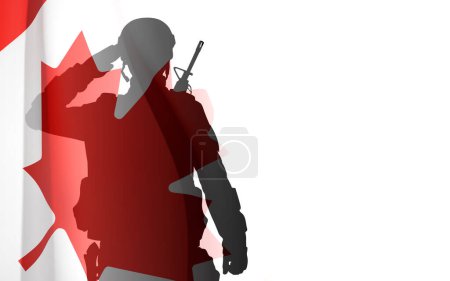 Silhouette of a soldier with Canada flag on white background. EPS10 vector