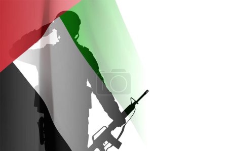 Ilustración de Silhouette of soldier with the flag of UAE on white background. Armed forces of United Arab Emirates. Concept for Commemoration Day, Martyrs Day, National Day. EPS10 vector - Imagen libre de derechos