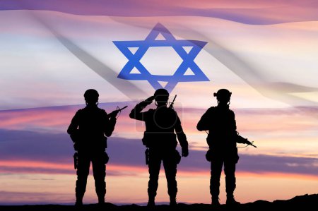 Silhouette of soldiers with Israel flag against the sunrise. Concept - armed forces of Israel. EPS10 vector