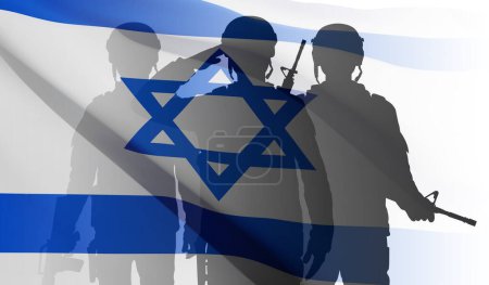 Silhouettes of a soldiers with Israel flag on white background. Concept - armed forces of Israel. EPS10 vector