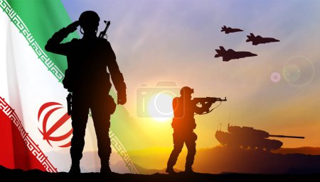 Ilustración de Siluetas de soldados con tanque en el campo de batalla y aviones con bandera de Irán contra el atardecer. EPS10 vector - Imagen libre de derechos
