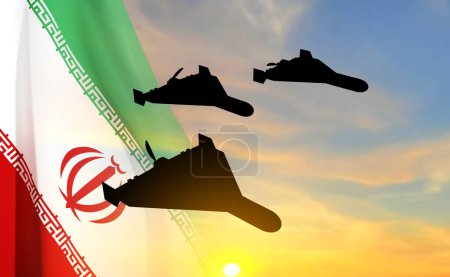 Kampfdrohnen gegen den Sonnenuntergang mit iranischer Flagge. EPS10-Vektor