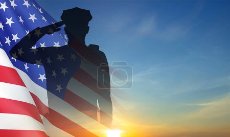 Silueta de policía con bandera de USA contra el atardecer. Concepto Semana Nacional de la Policía. EPS10 vector